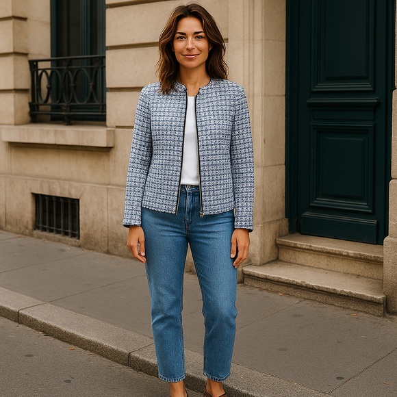 J. CREW White with Blue Hearts Full Zip Cropped Blazer, Size X Small - Picture 12 of 12